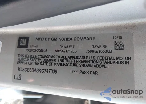 2019 Chevrolet Spark Ls Cvt z USA, uszkodzony, nr VIN KL8CB6SA8KC747839